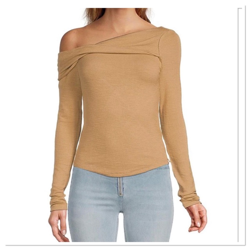 Free People Addie Rib Knit Twist Asymmetrical Neck Long Layering Top Shirt S